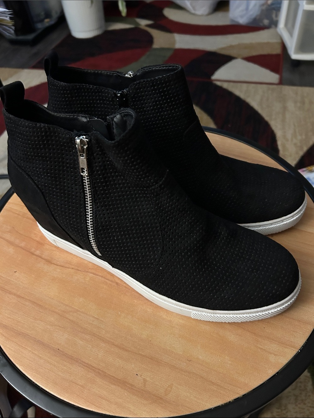 Brash Black Perforated Wedge Ankle Booties with Side Zip